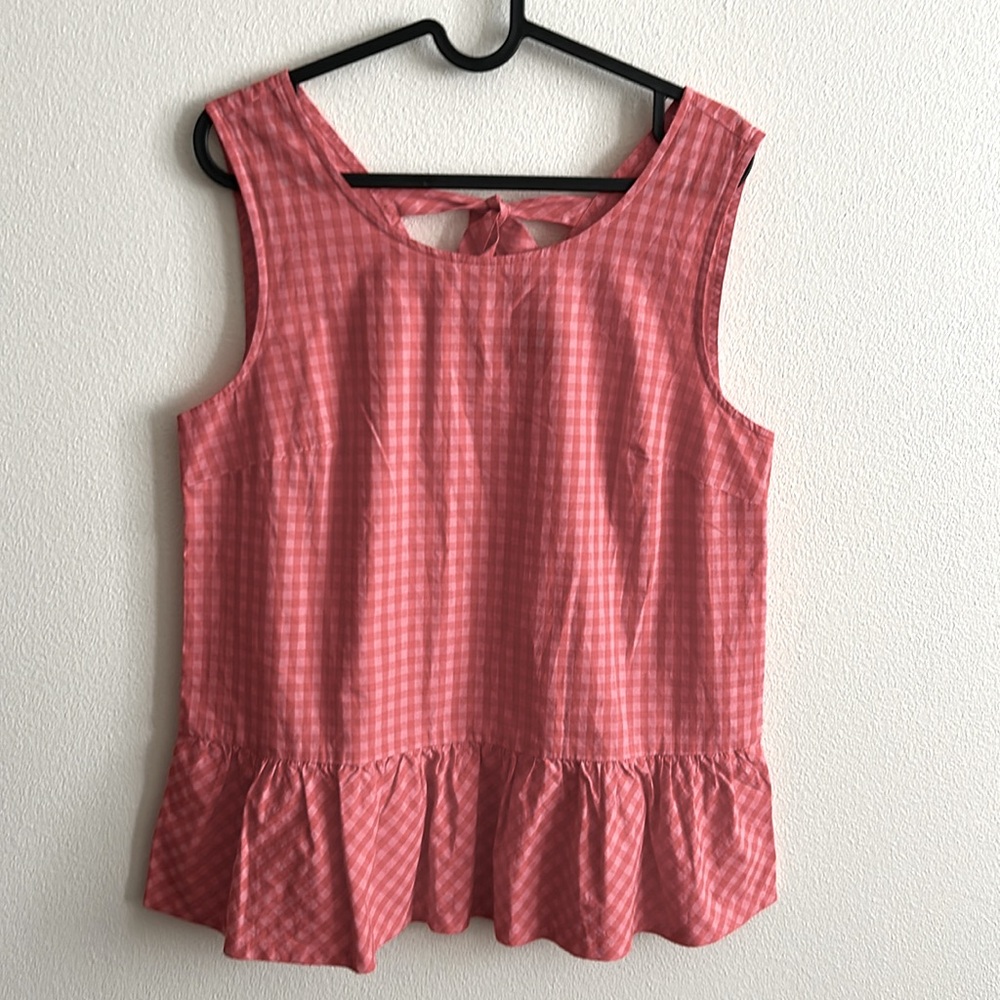 J. Crew Barbie Pink Gingham  Check Sleeveless Ruffle Hem Back Bows Peplum